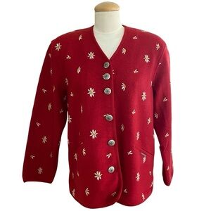 Geiger Collection Red With Daisies Boiled Wool Jacket Cardigan Women 10 (34 AUS)